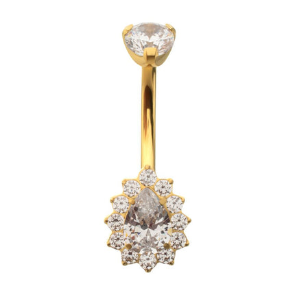 Invictus 24Kt Gold PVD Titanium Internally Threaded Teardrop Halo with Clear Gem Edge Fixed Bottom Non-Dangle Navel
