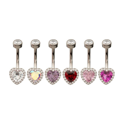 Invictus Titanium Internally Threaded Radiant Heart Halo with Clear Gem Edge Fixed Bottom Non-Dangle Navel
