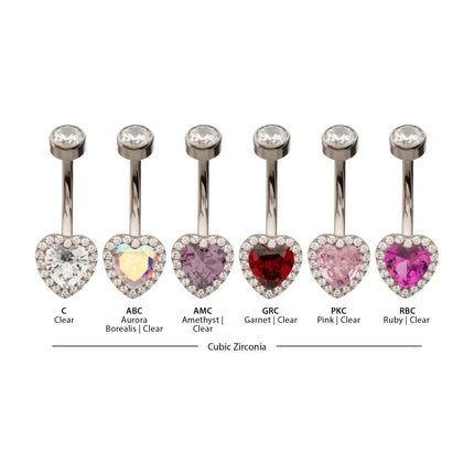 Invictus Titanium Internally Threaded Radiant Heart Halo with Clear Gem Edge Fixed Bottom Non-Dangle Navel