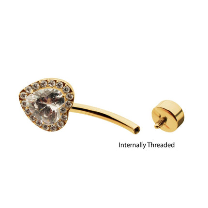 Invictus 24Kt Gold PVD Titanium Internally Threaded Radiant Heart Halo with Clear Gem Edge Fixed Bottom Non-Dangle Navel