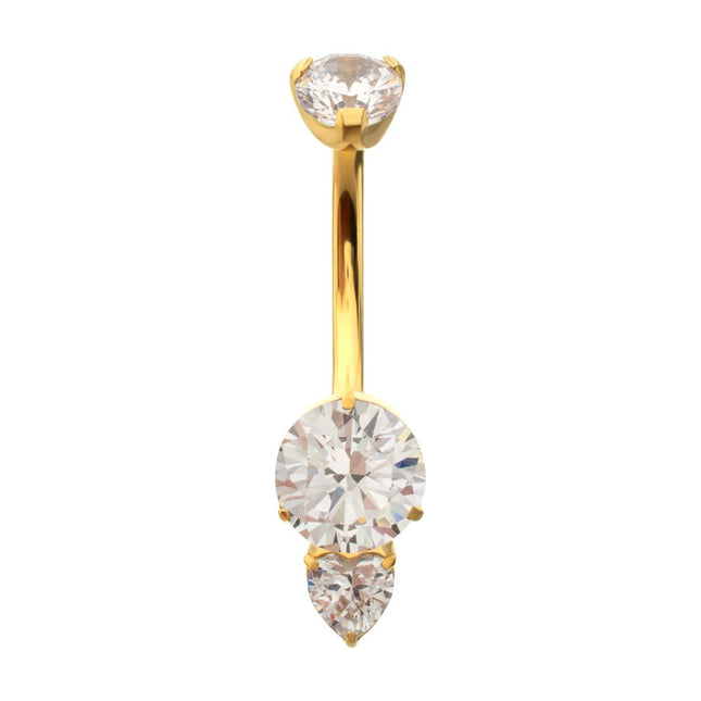 Invictus 24Kt Gold PVD Titanium Internally Threaded Luxe Drop Heart Gem Fixed Bottom Non-Dangle Navel