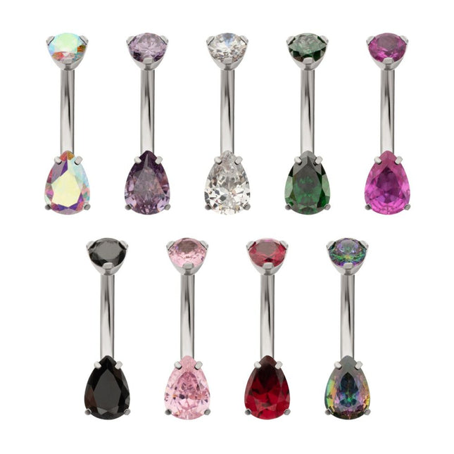 Invictus Titanium Internally Threaded Double Prong Set Teardrop Gem Fixed Bottom Navel