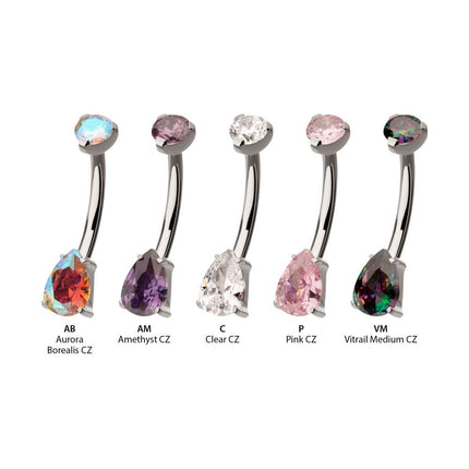 Invictus Titanium Internally Threaded Double Prong Set Teardrop Gem Fixed Bottom Navel