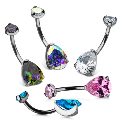 Invictus Titanium Internally Threaded Double CZ Gem 3-Prong Teardrop Navel Curves