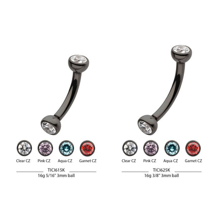Invictus Black PVD Titanium Internally Threaded Double Bezel Gem End Curved Barbell