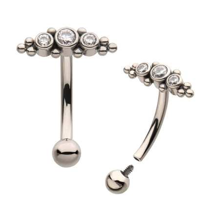 Invictus Titanium Internally Threaded with Beaded Bezel Set CZ 3-Cluster Fixed Top Curved Barbell