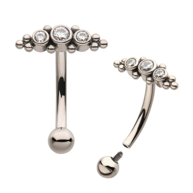 Invictus Titanium Internally Threaded with Beaded Bezel Set CZ 3-Cluster Fixed Top Curved Barbell