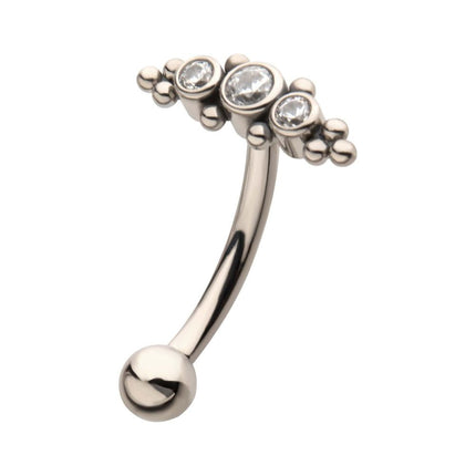 Invictus Titanium Internally Threaded with Beaded Bezel Set CZ 3-Cluster Fixed Top Curved Barbell