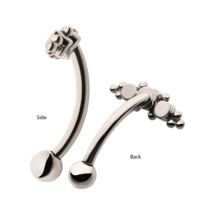 Invictus Titanium Internally Threaded with Beaded Bezel Set CZ 3-Cluster Fixed Top Curved Barbell