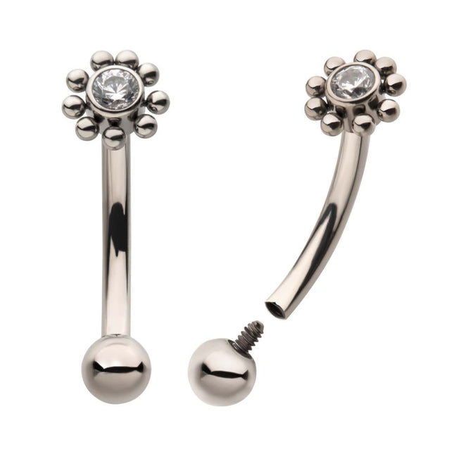 Invictus Titanium Internally Threaded with Beaded Bezel Set CZ Flower Fixed Top Curved Barbell