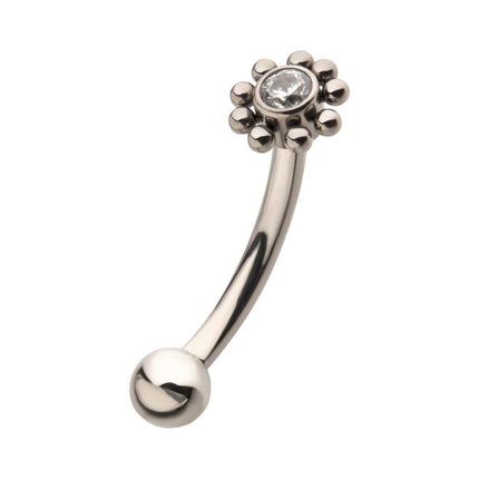 Invictus Titanium Internally Threaded with Beaded Bezel Set CZ Flower Fixed Top Curved Barbell