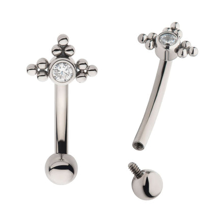 Invictus Titanium Internally Threaded with Tri Beads Set & Bezel Set Clear AAA CZ Fixed Top Curved Barbell