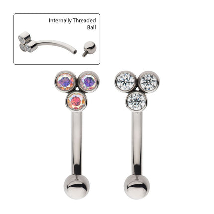 Invictus Titanium Internally Threaded Trinity Bezel Gem Fixed Top Curved Barbell