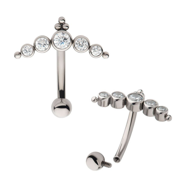 Invictus Titanium Internally Threaded with Tri Bead & 5-Cluster Bezel Set Clear AAA CZ Fixed Top Curved Barbell