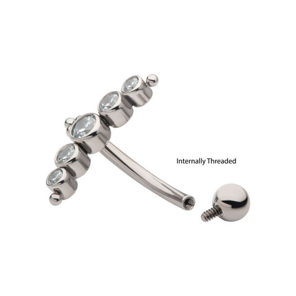 Invictus Titanium Internally Threaded with Tri Bead & 5-Cluster Bezel Set Clear AAA CZ Fixed Top Curved Barbell
