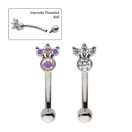 Invictus Titanium Internally Threaded Trinity Prong Set Gem & Bezel Round Gem Fixed Top Curved Barbell