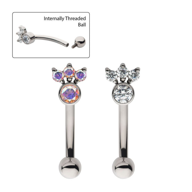 Invictus Titanium Internally Threaded Trinity Prong Set Gem & Bezel Round Gem Fixed Top Curved Barbell