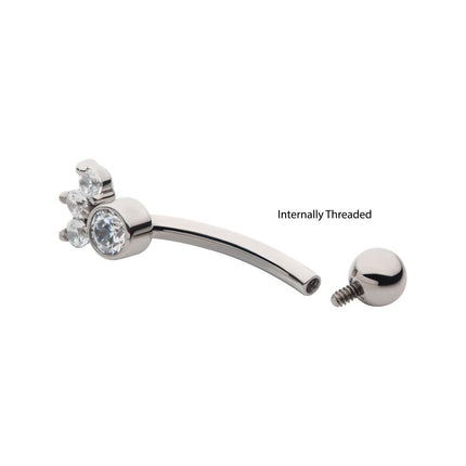 Invictus Titanium Internally Threaded Trinity Prong Set Gem & Bezel Round Gem Fixed Top Curved Barbell
