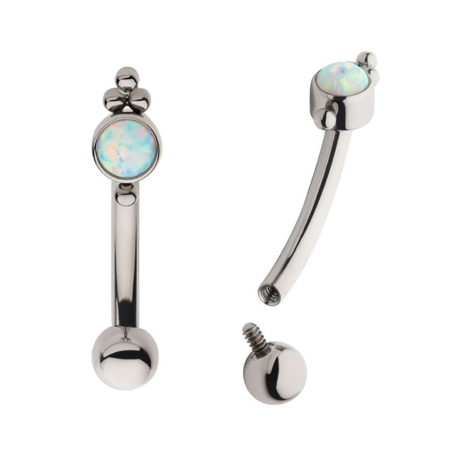 Invictus Titanium Internally Threaded Tri Bead & Bezel Set White Opal Fixed Top Curved Barbell