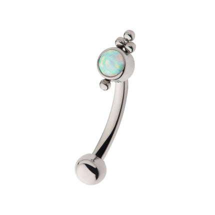 Invictus Titanium Internally Threaded Tri Bead & Bezel Set White Opal Fixed Top Curved Barbell