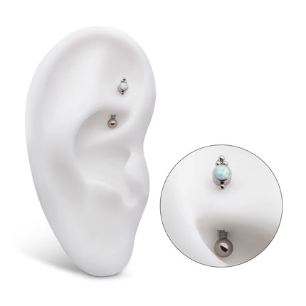 Invictus Titanium Internally Threaded Tri Bead & Bezel Set White Opal Fixed Top Curved Barbell