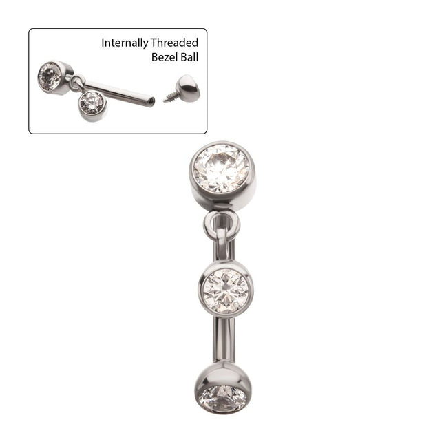 Invictus Titanium Internally Threaded Bezel Gem Fixed Top Curved Barbell with Floating Gem Dangle