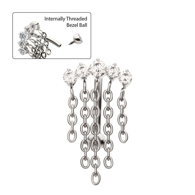 Invictus Titanium Internally Threaded 5-Cluster Prong Gem Fixed Top Curved Barbell with 5 Chain Dangle