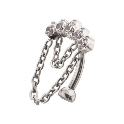 Invictus Titanium Internally Threaded 5-Cluster Prong Gem Fixed Top Curved Barbell with 2 Tier Chain Dangle