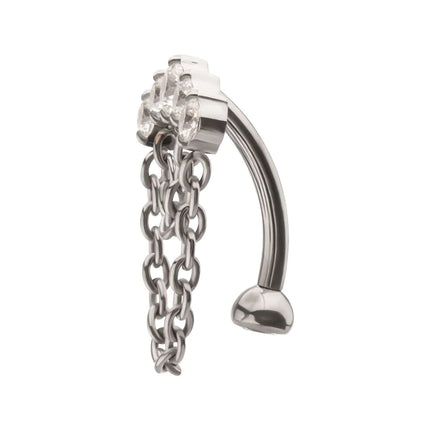 Invictus Titanium Internally Threaded 5-Cluster Prong Gem Fixed Top Curved Barbell with 2 Tier Chain Dangle