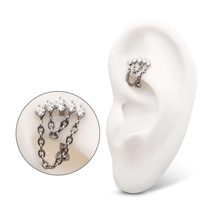 Invictus Titanium Internally Threaded 5-Cluster Prong Gem Fixed Top Curved Barbell with 2 Tier Chain Dangle