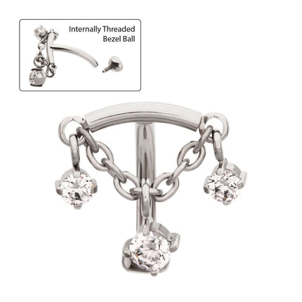 Invictus Titanium Internally Threaded Fixed Top Curved Barbell with Triple Floating Prong Gem Dangle