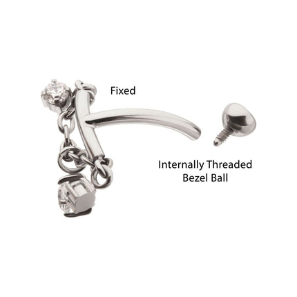 Invictus Titanium Internally Threaded Fixed Top Curved Barbell with Triple Floating Prong Gem Dangle