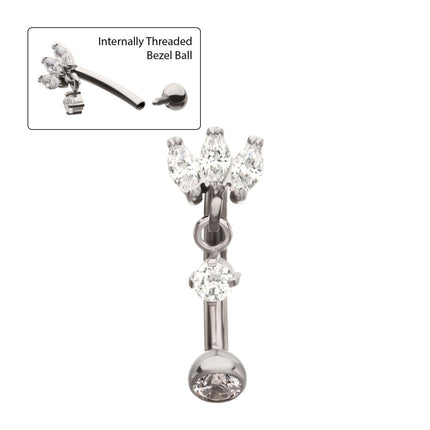 Invictus Titanium Internally Threaded V-Prong Triple Marquise Gem Fixed Top Curved Barbell with Floating Prong Gem Dangle