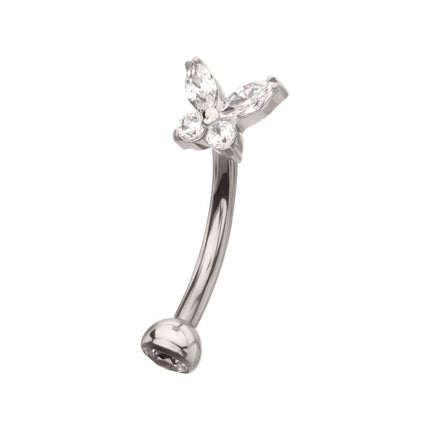 Invictus Titanium Internally Threaded Butterfly Fixed Top Curved Barbell with Prong Set Marquise & Round Gem