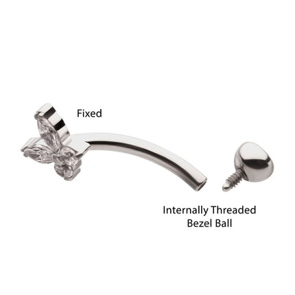 Invictus Titanium Internally Threaded Butterfly Fixed Top Curved Barbell with Prong Set Marquise & Round Gem
