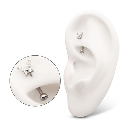 Invictus Titanium Internally Threaded Butterfly Fixed Top Curved Barbell with Prong Set Marquise & Round Gem