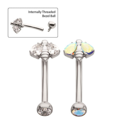 Invictus Titanium Internally Threaded Bee Fixed Top Curved Barbell with Prong Set Teardrop Gem