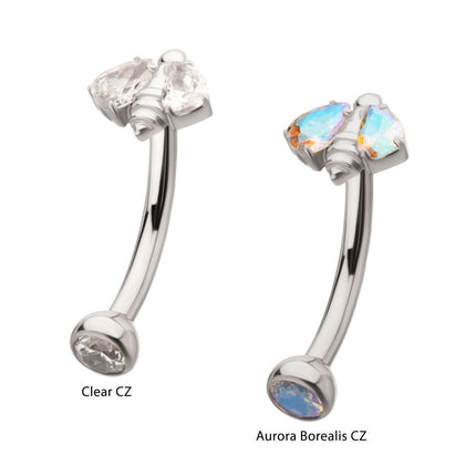 Invictus Titanium Internally Threaded Bee Fixed Top Curved Barbell with Prong Set Teardrop Gem