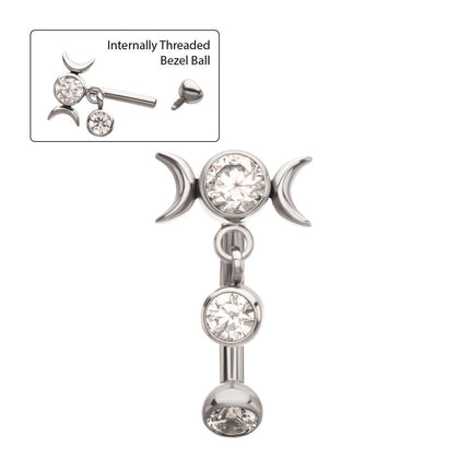 Invictus Titanium Internally Threaded Gem Triple Moon Phase Fixed Top Curved Barbell with Floating Bezel CZ Dangle
