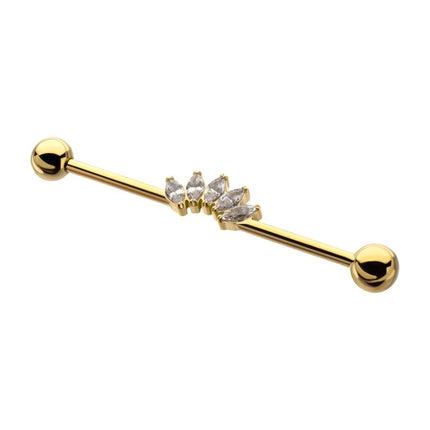 Invictus 24Kt Gold PVD Titanium Internally Threaded 5 Marquise Gem Cluster with Ball End Industrial Barbell