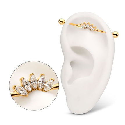 Invictus 24Kt Gold PVD Titanium Internally Threaded 5 Marquise Gem Cluster with Ball End Industrial Barbell
