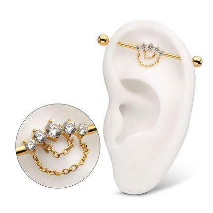 Invictus 24Kt Gold PVD Titanium Internally Threaded 5 Prong Set Gem Cluster with 2-Tier Chain & Ball End Industrial Barbell