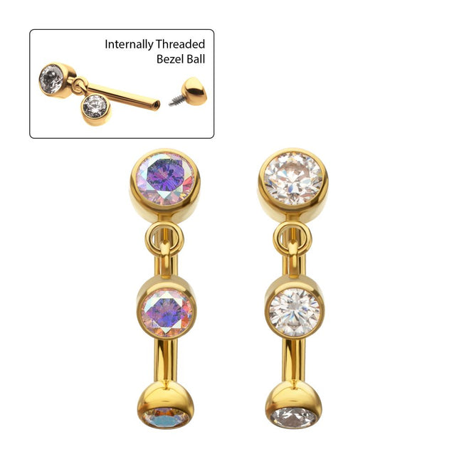 Invictus 24Kt Gold PVD Titanium Internally Threaded Bezel Gem Fixed Top Curved Barbell with Floating Gem Dangle