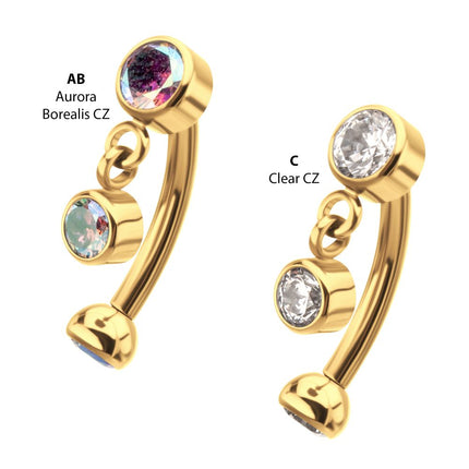 Invictus 24Kt Gold PVD Titanium Internally Threaded Bezel Gem Fixed Top Curved Barbell with Floating Gem Dangle