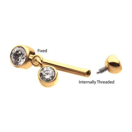 Invictus 24Kt Gold PVD Titanium Internally Threaded Bezel Gem Fixed Top Curved Barbell with Floating Gem Dangle