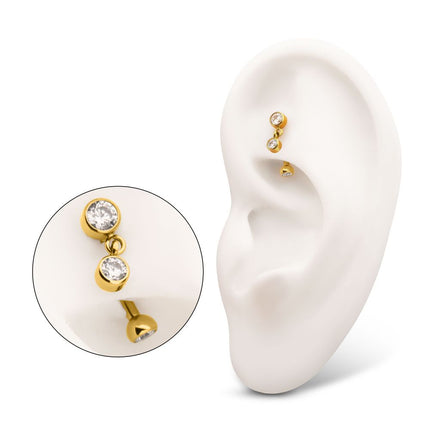 Invictus 24Kt Gold PVD Titanium Internally Threaded Bezel Gem Fixed Top Curved Barbell with Floating Gem Dangle