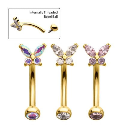 Invictus 24Kt Gold PVD Titanium Internally Threaded Butterfly Fixed Top Curved Barbell with Prong Set Marquise & Round Gem