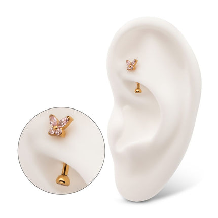 Invictus 24Kt Gold PVD Titanium Internally Threaded Butterfly Fixed Top Curved Barbell with Prong Set Marquise & Round Gem