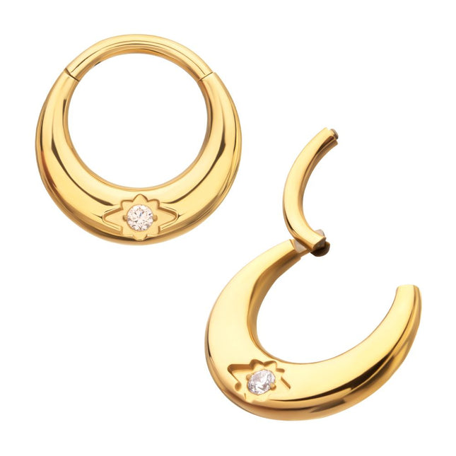 Invictus 24Kt Gold PVD Titanium Etched Design with Prong Set Gem Sleek Dome Septum Front Facing Hinged Segment Clicker