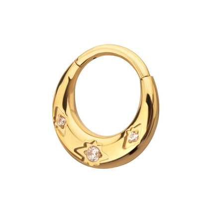 Invictus 24Kt Gold PVD Titanium Triple Etched Design with Prong Set Gem Sleek Dome Septum Front Facing Hinged Segment Clicker